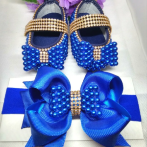 Sapatinho para bebê meia pérola azul royal + tiara