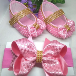 Kit sapatinho para bebê meia pérola rosa + tiara - 003