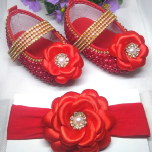 Kit sapatinho para bebê meia pérola vermelha + tiara