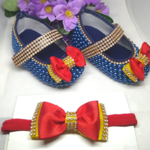 Kit sapatinho para bebê meia pérola + tiara modelo Branca de Neve