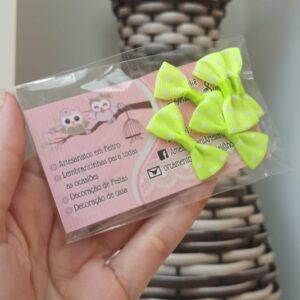 Mini laço gorgurão amarelo fluorescente poá branco 3,5cm x 1,5cm pct c/5und