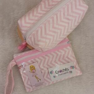 Kit necessaire box + carteira com visor para celular - Chevron rosa bebê e branco