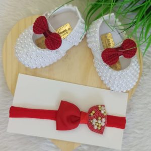 Kit sapatinho para bebê meia pérola furtacor + tiara vermelha - nº13