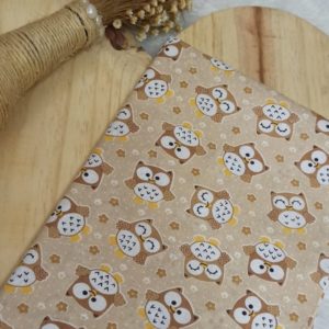 Tecido tricoline mista corujas floral fundo bege