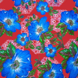 Tecido Chitão Estampado 100% algodão Floral Azul com Fundo Vermelho