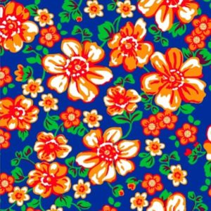 Tecido Chitão Estampado 100% algodão Floral Laranja Fundo Azul