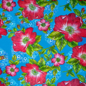 Tecido Chitão Estampado 100% algodão Floral Rosa com Fundo Azul