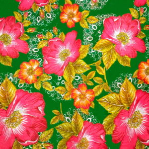 Tecido Chitão Estampado 100% algodão Floral Rosa com Fundo Verde Musgo