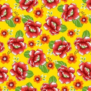 Tecido Chitão Estampado 100% algodão Flores vermelhas com fundo Amarelo