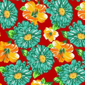 Tecido Chitão Estampado Floral grande verde e amarelo fundo vermelho 100% Algodão