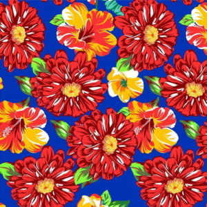 Tecido Chitão Estampado Floral grande vermelho e amarelo fundo azul 100% Algodão