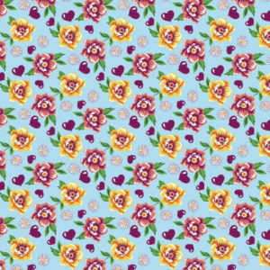 Tecido Chitão Estampado Floral Com Coração Fundo Azul