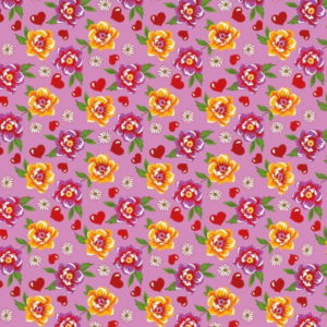 Tecido Chitão Estampado Floral Com Coração Fundo Rosa