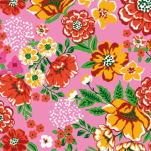 Tecido Chitão Estampado Floral Vermelho e Amarelo Fundo Rosa
