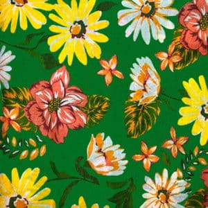 Tecido Chitão Estampado Floral amarelo e Fundo Verde 100% Algodão