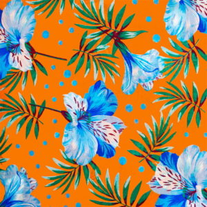 Tecido Chitão Estampado 100% algodão Floral Azul com Fundo Laranja