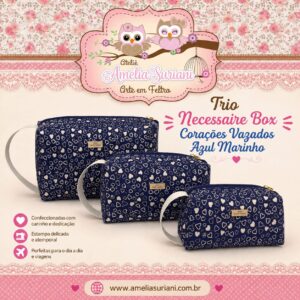 Kit trio necessaire - corações vazados - fundo azul marinho